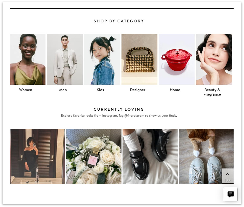 Nordstrom department store online store landing page category and IG look sections