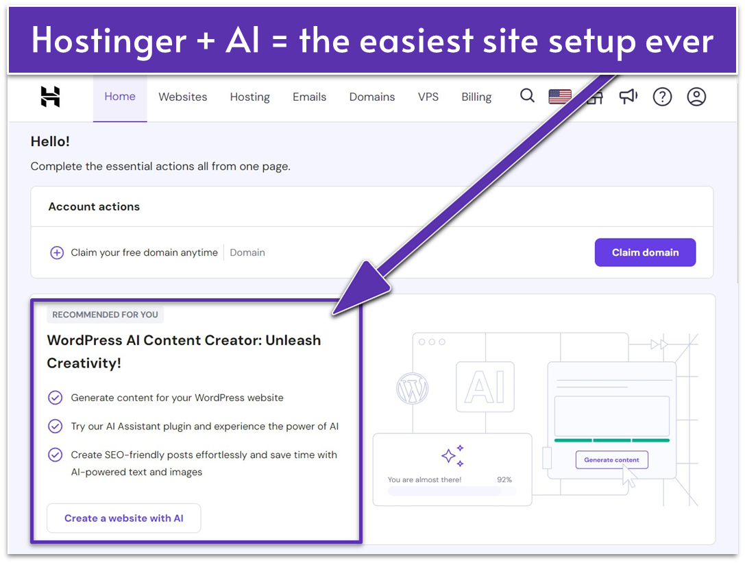 Hostinger dashboard AI website builder and content creator tools section