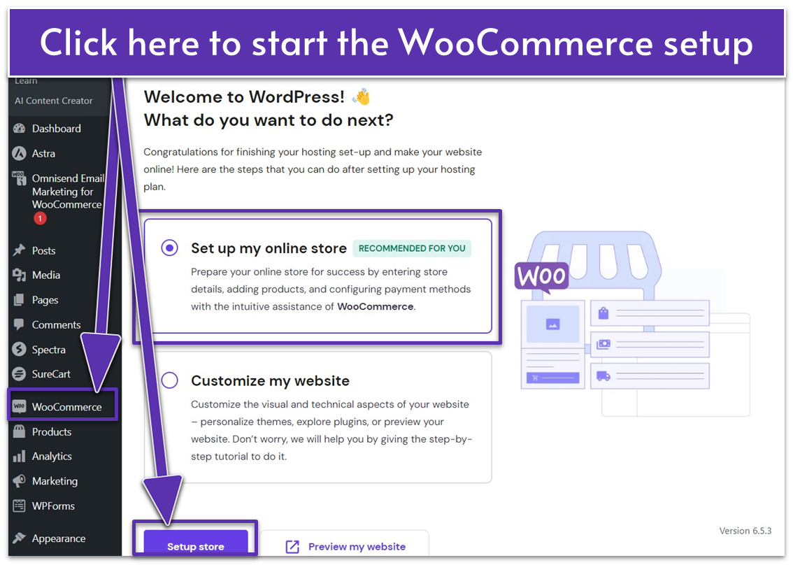 WordPress WooCommerce setup page