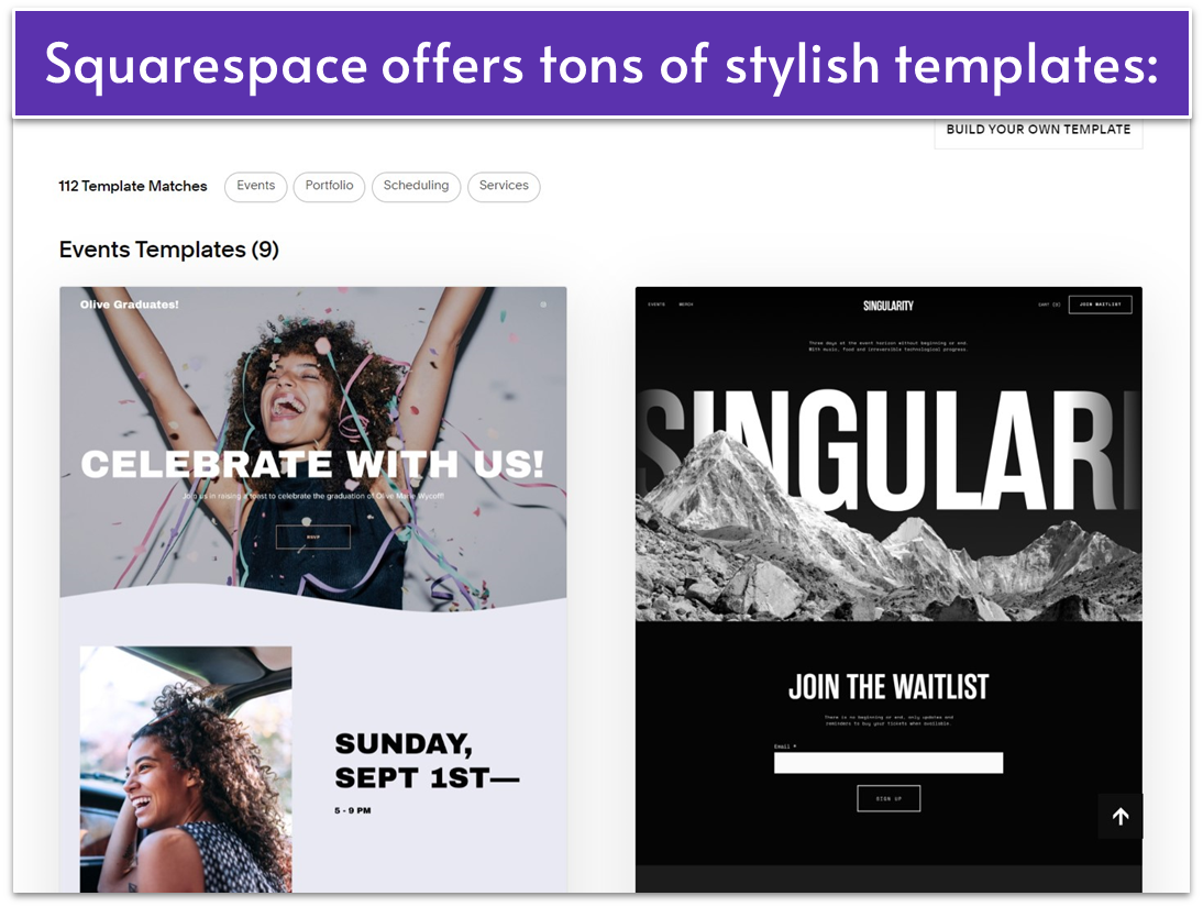 Squarespace templates for events (none specifically for event planning, but the reader may get some ideas for their own site or about promoting their client's event - if they are public - i.e. by creating a temporary Squarepsace website for them).