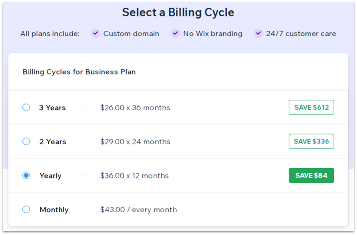 Wix Business Plan Billing Cycles