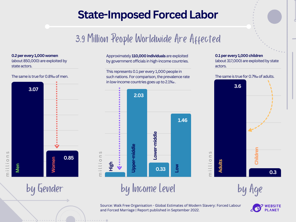 graphs showing state-imposed forced labor split by gender, income level, and age