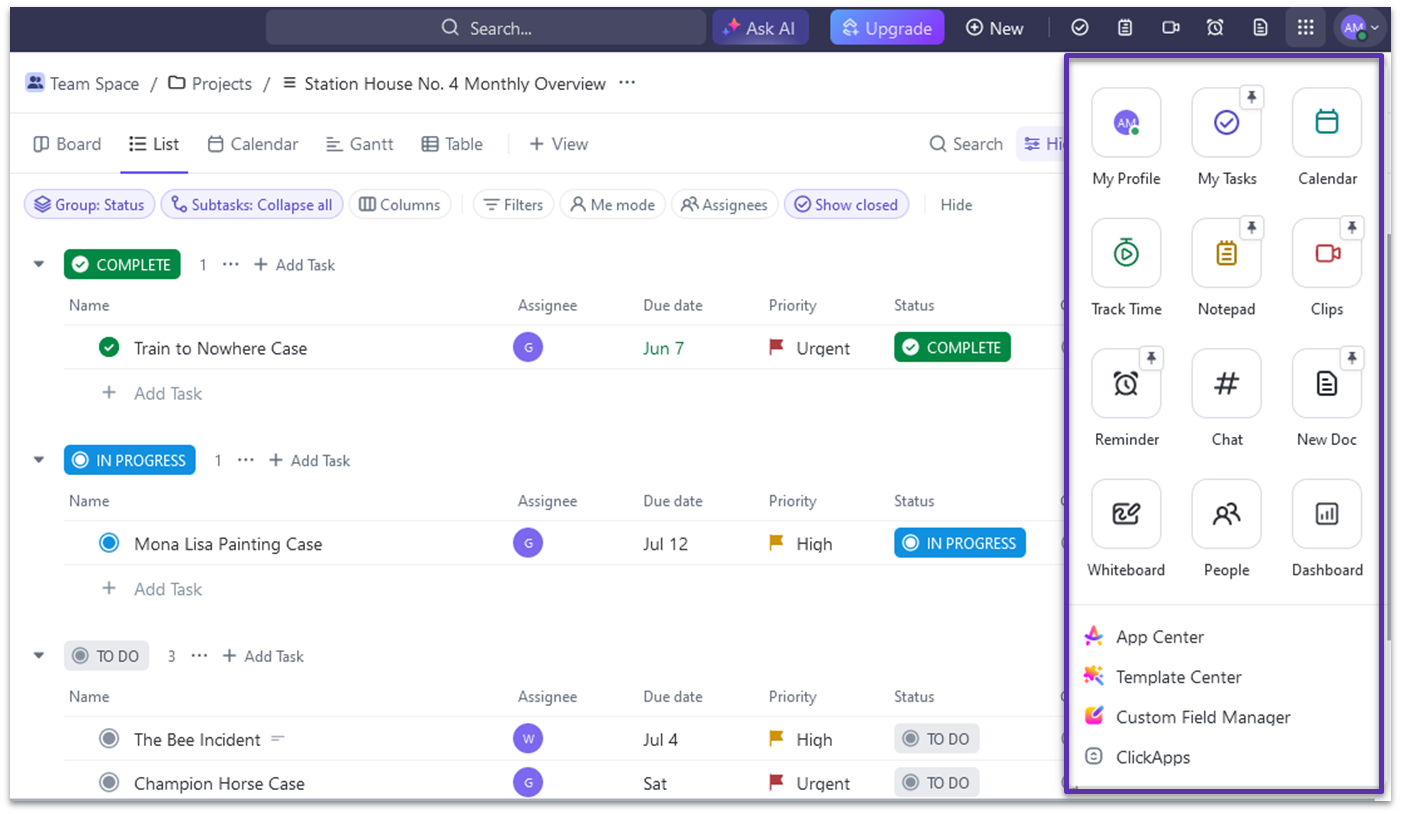 ClickUp Quick Action Menu
