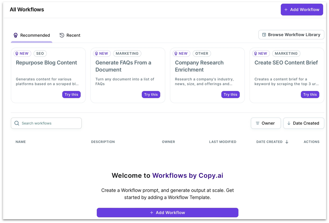 Copy.ai's workflows feature page