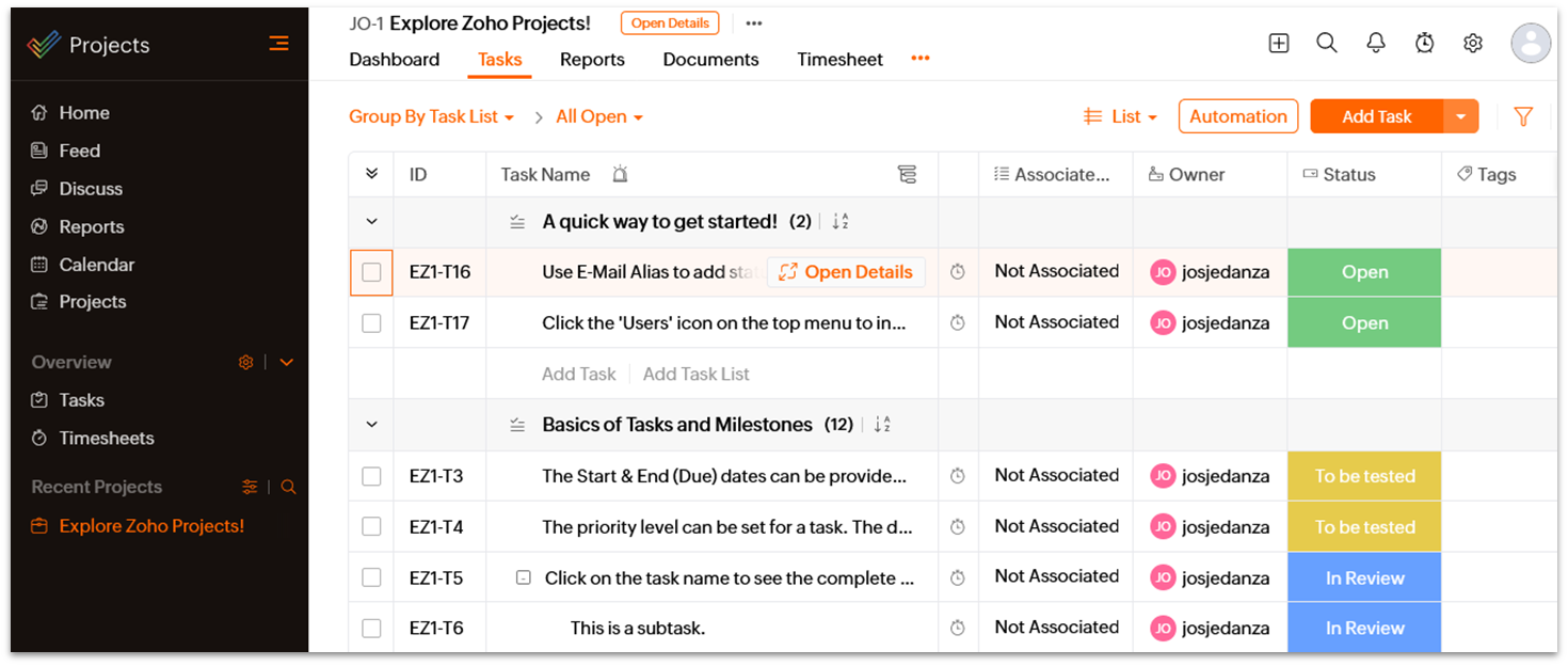 Zoho Projects Tasks Interface