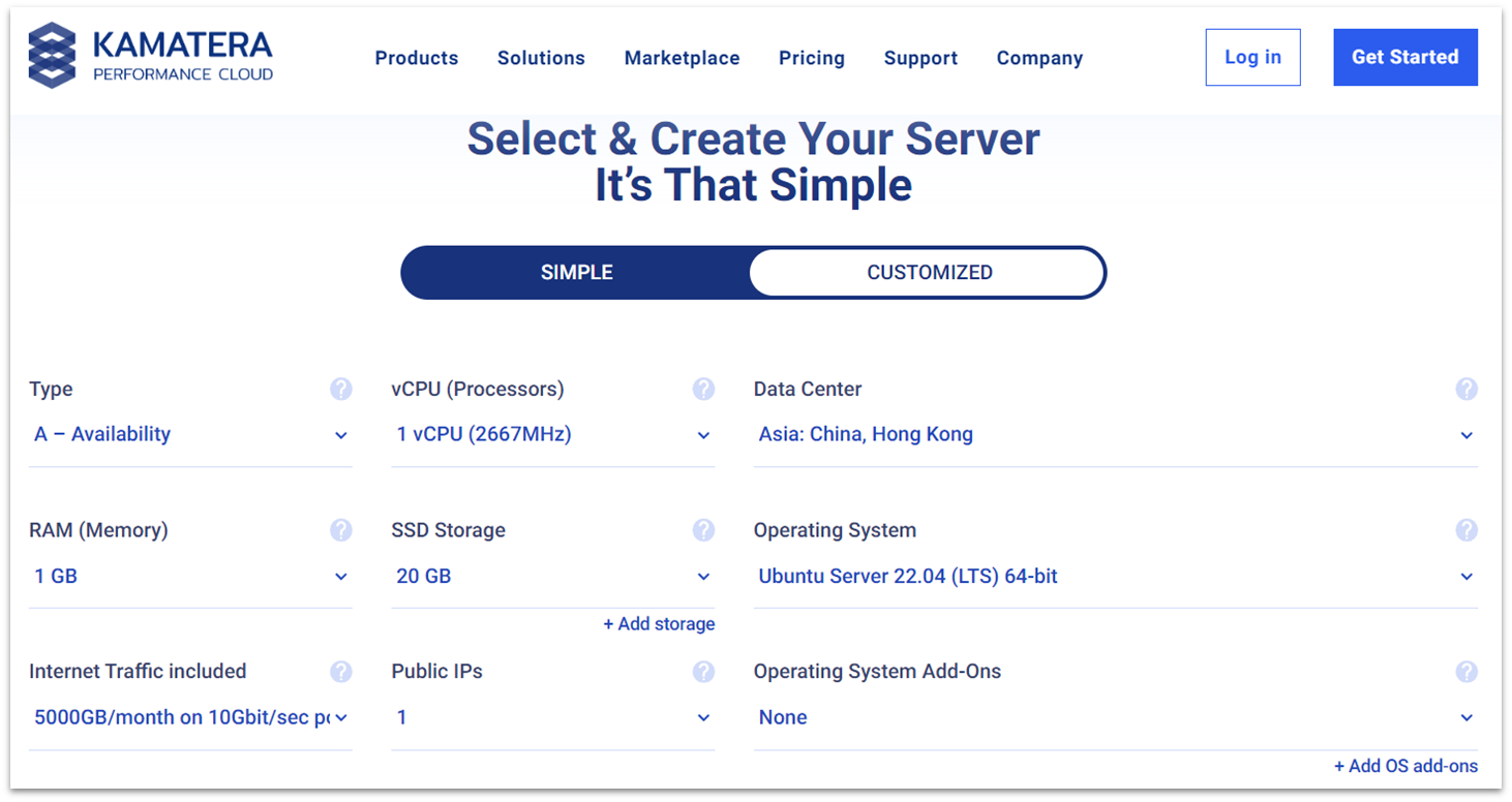 Kamatera cloud server configuration screen