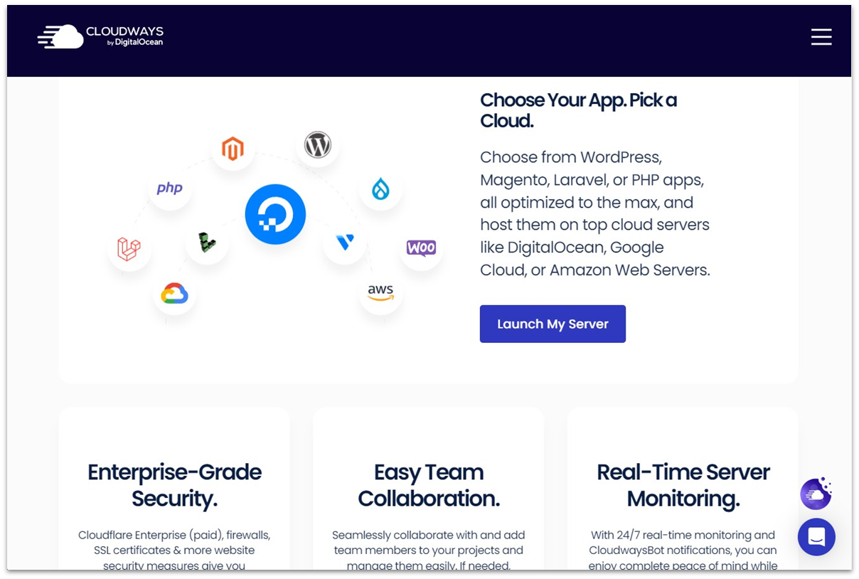Cloudways' server, security, collaboration, and monitoring features