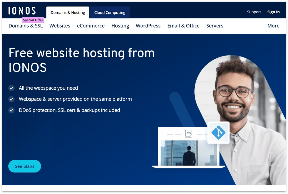 IONOS' free hosting with website builder plans page