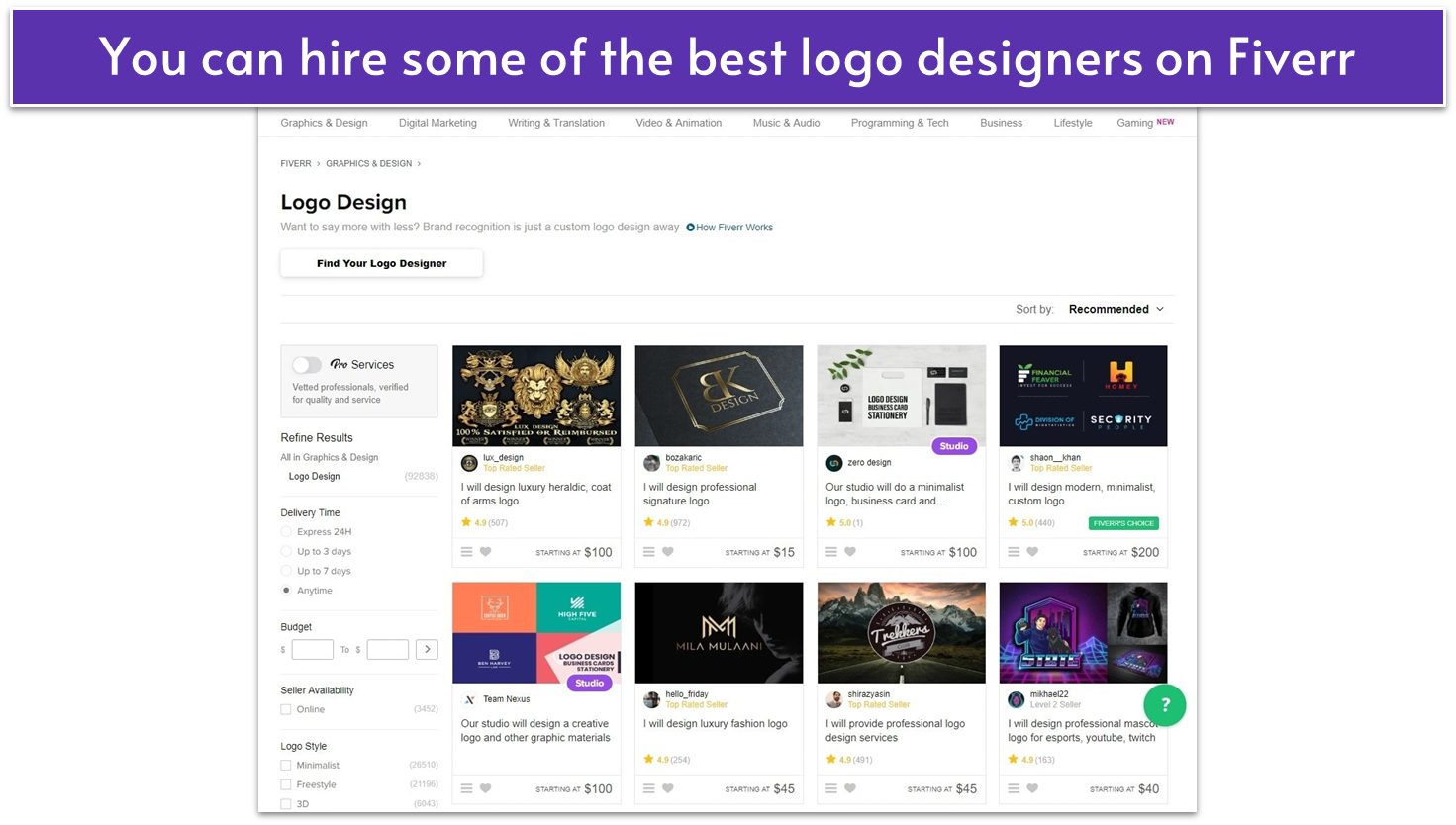 Fiverr’s logo designers search list