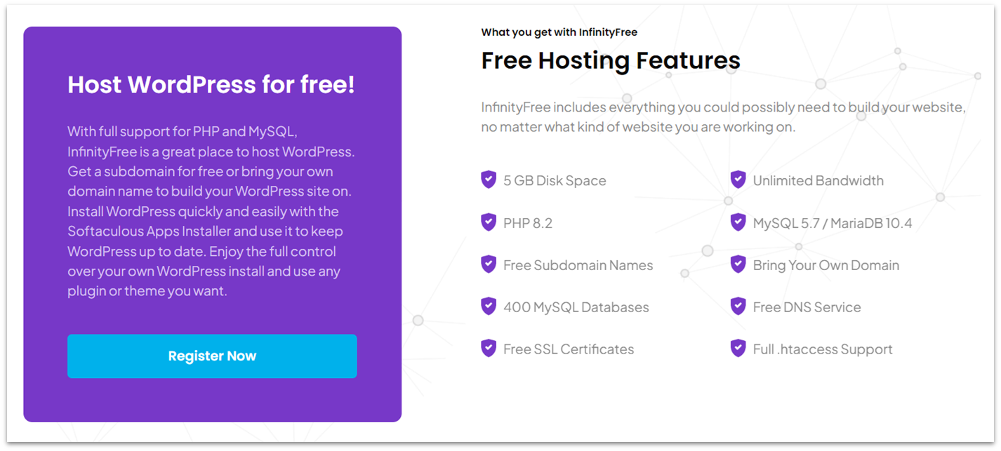 Características de hosting de InfinityFree