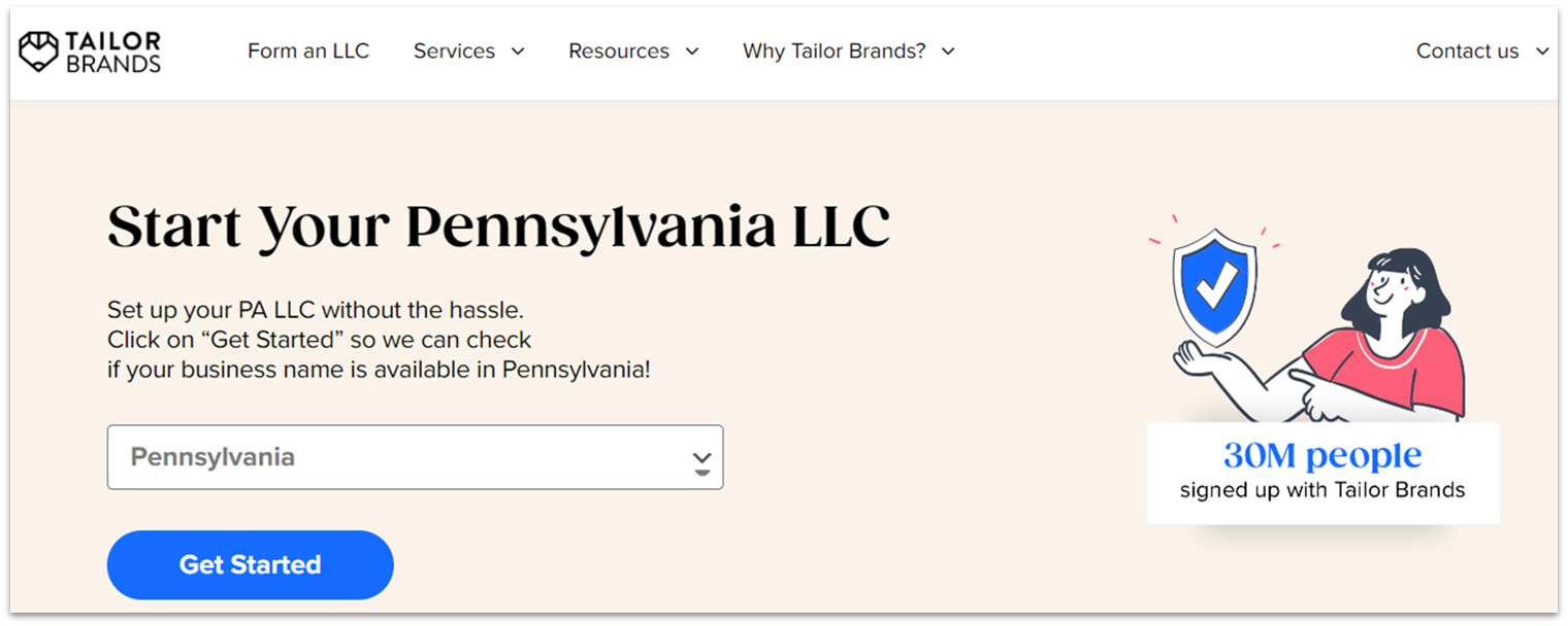 The Tailored Brands webpage for Pennsylvania LLCs