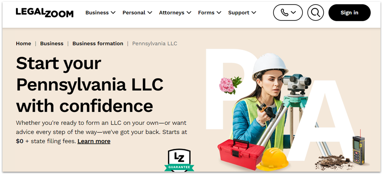 The LegalZoom webpage for Pennsylvania LLCs