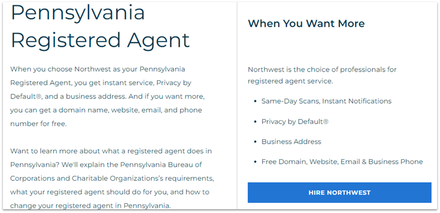 The Northwest Registered Agent webpage for Pennsylvania LLCs