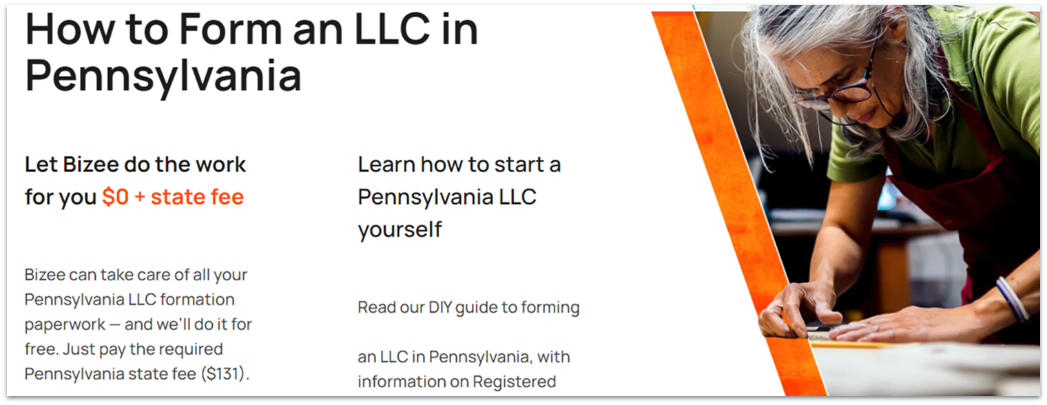 The Bizee webpage for Pennsylvania LLCs