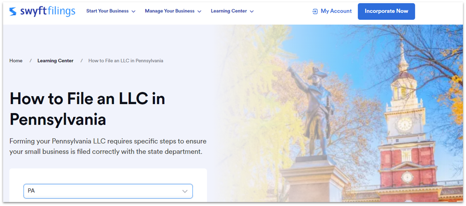 The Swyft Filings webpage for Pennsylvania LLCs