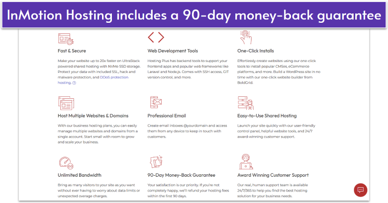 InMotion Hosting shared hosting plan features.