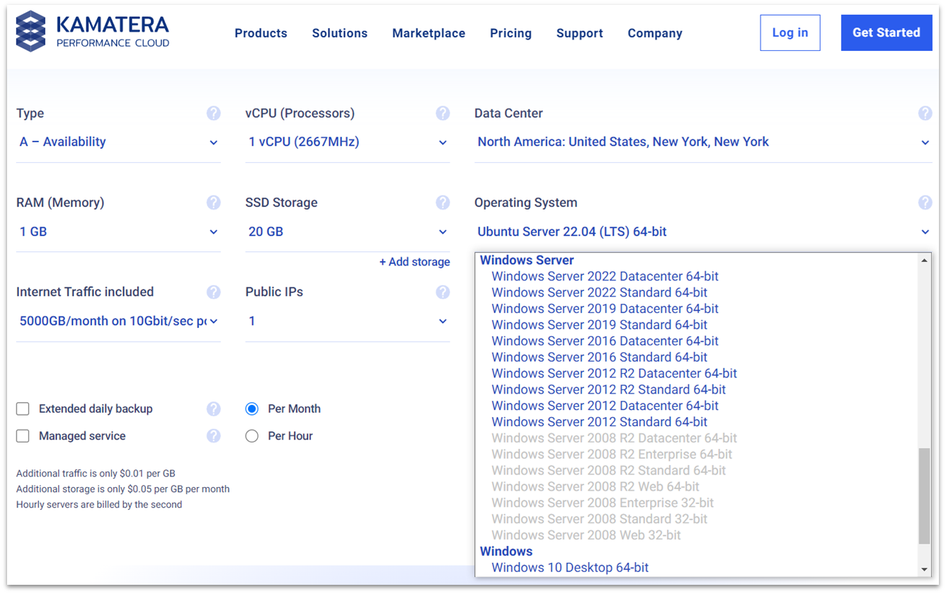 A drop-down box showing a list of the available Windows Servers Kamatera offers