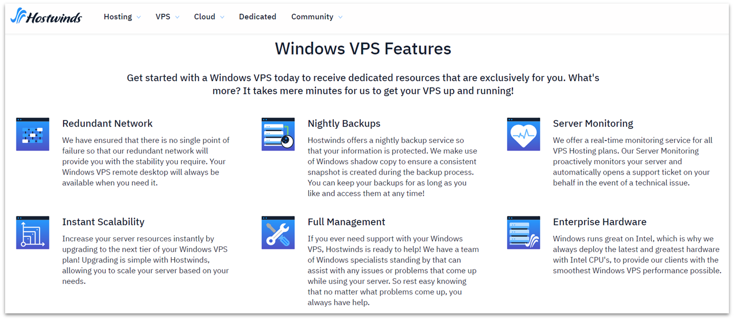 Hostwinds Windows VPS hosting features