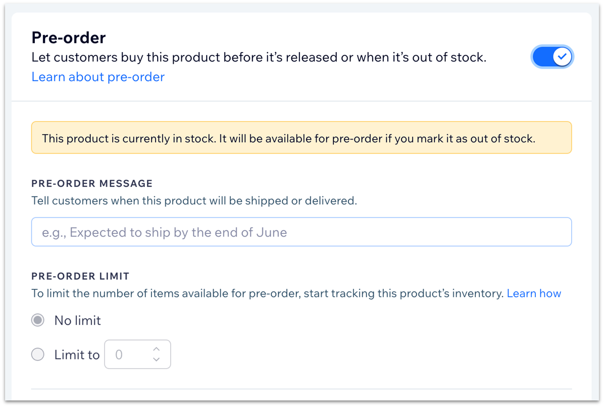 Wix's pre-order settings