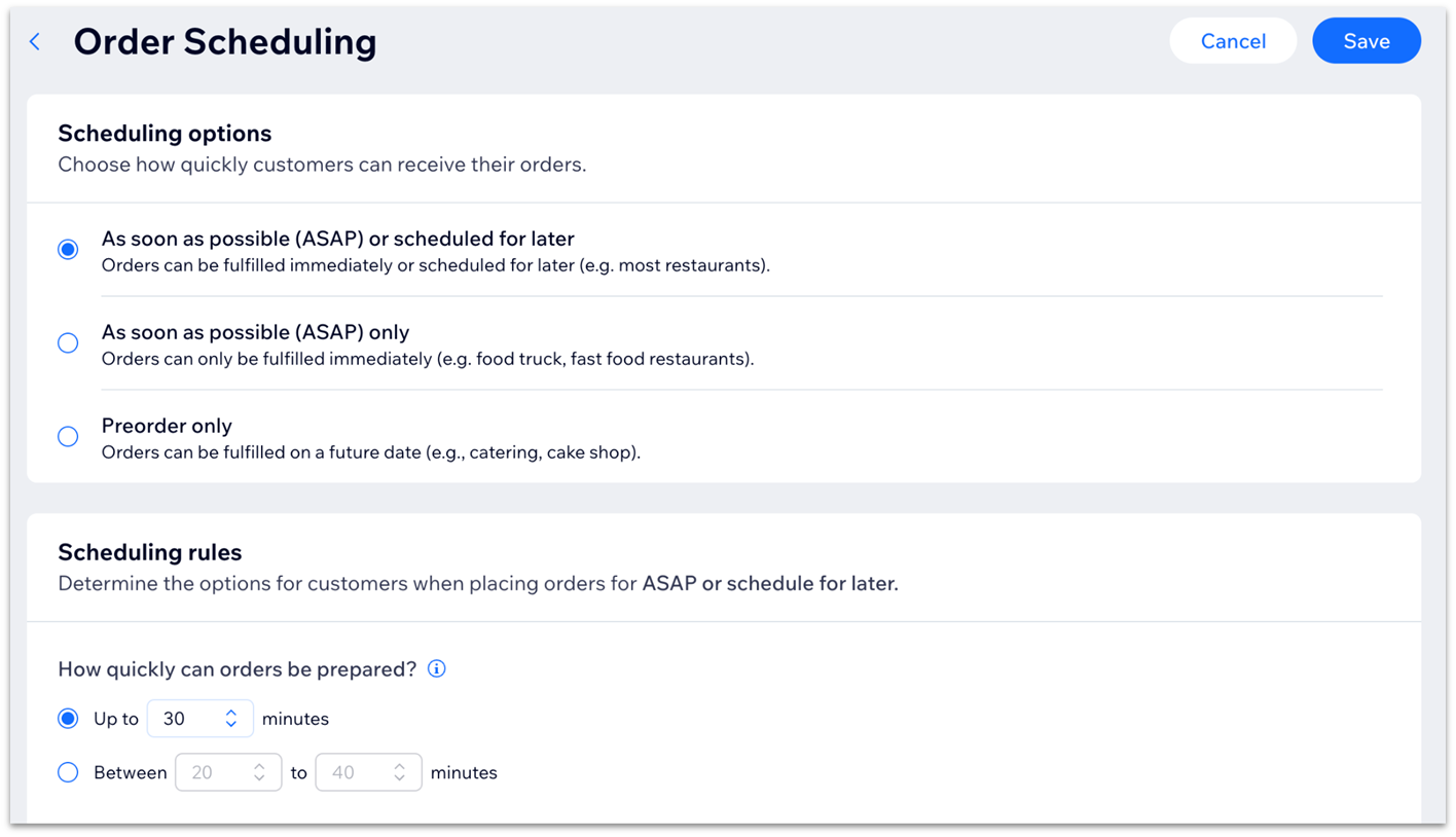 Wix's order scheduling settings