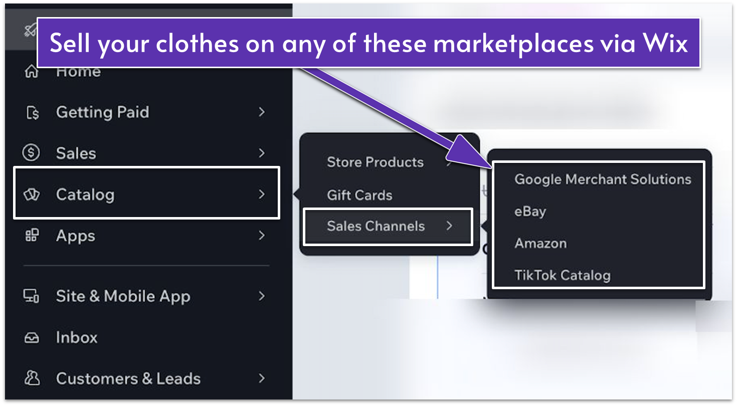 Wix settings for integrating marketplaces