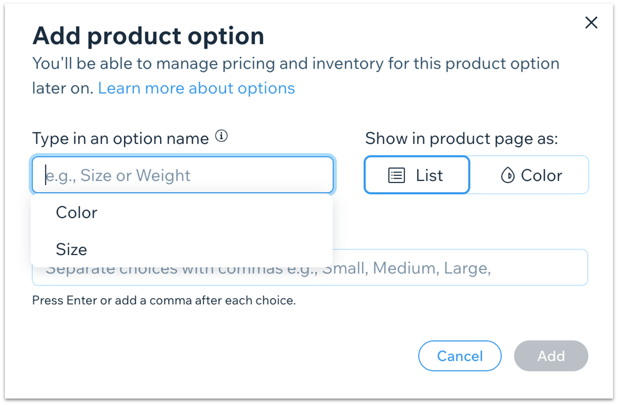 Product variants settings