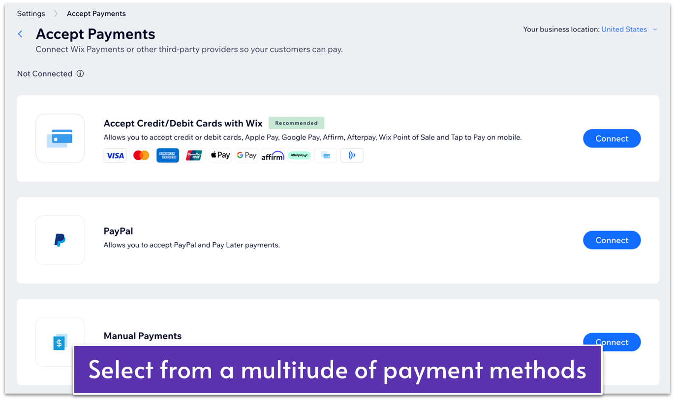 Wix's available payment methods