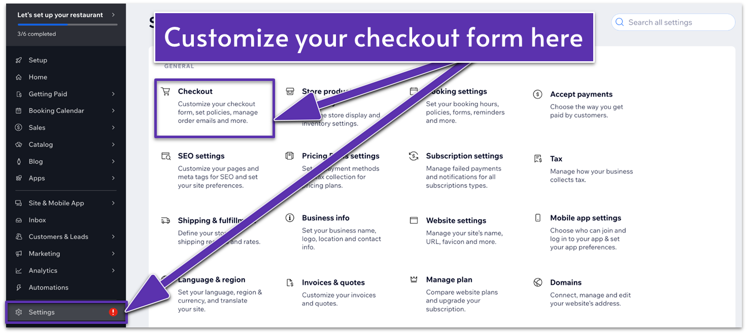 Wix's checkout settings