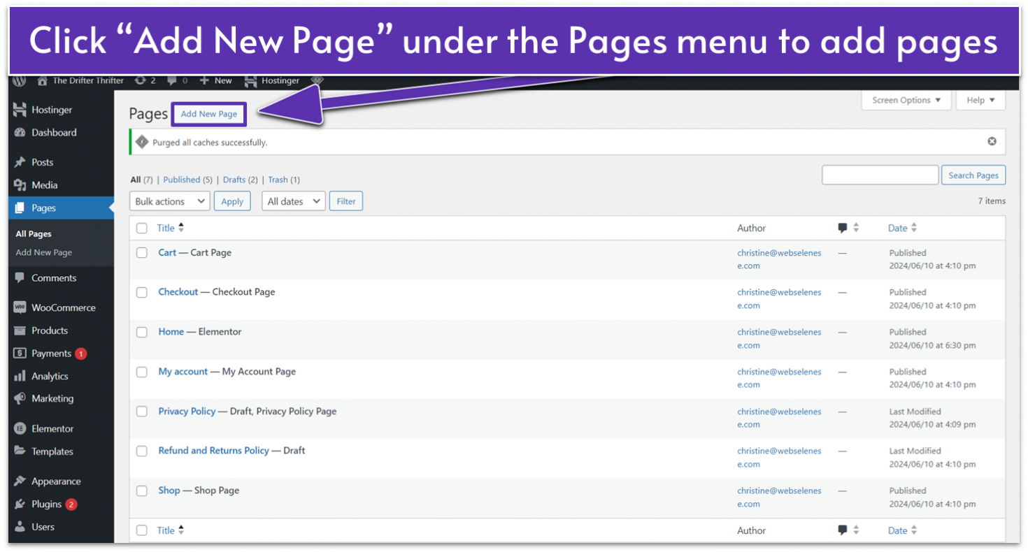 Adding a new page in WordPress