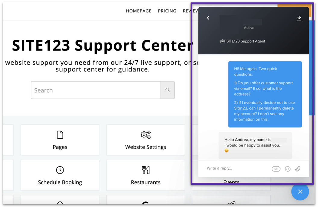SITE123 support center chat