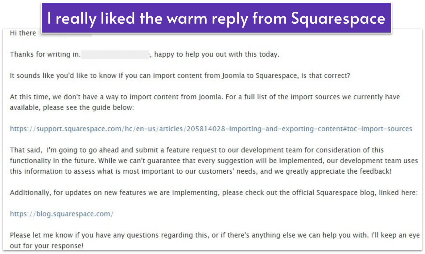 An email from Squarespace's customer support team