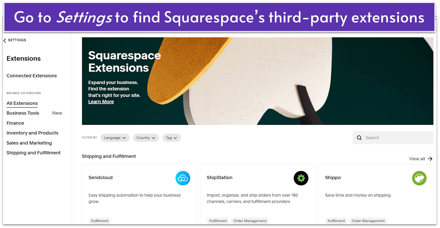 The menu for Squarespace Extensions