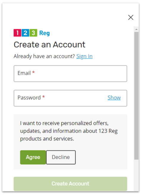 123 Reg sign-up window