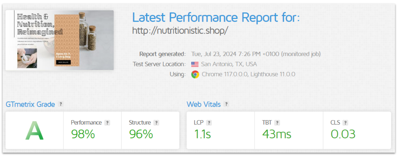 123Reg GTmetrix overall performance score