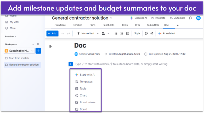 monday.com Workdocs interface showing blocks and widgets.
