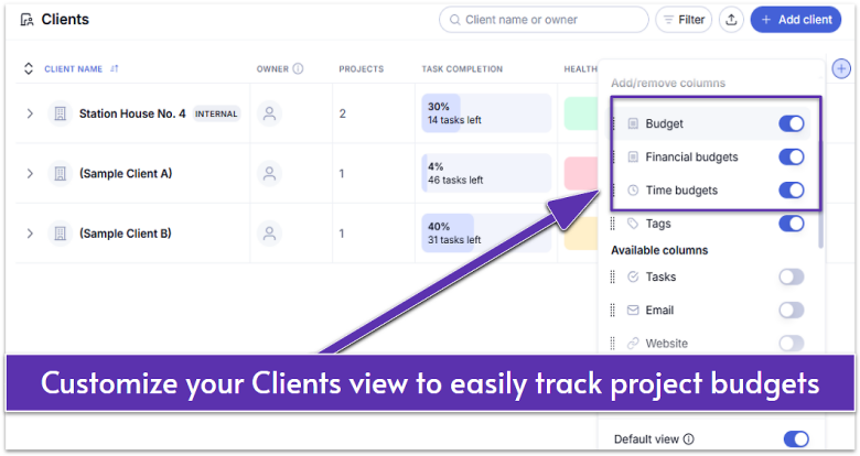 Teamwork Clients view showing projects, task completion, and budgets.