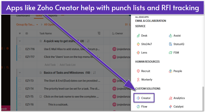 Zoho Projects interface for app management, with Zoho Creator highlighted.