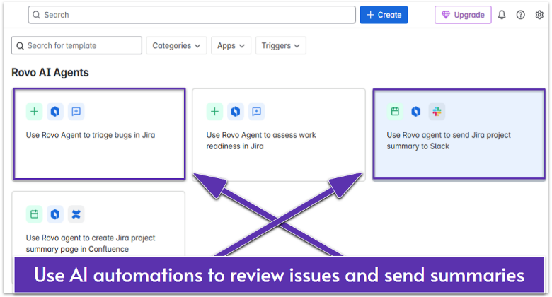 Jira automation center with AI automations highlighted.