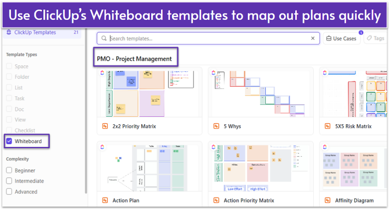 ClickUp Whiteboard templates showing project management template options.