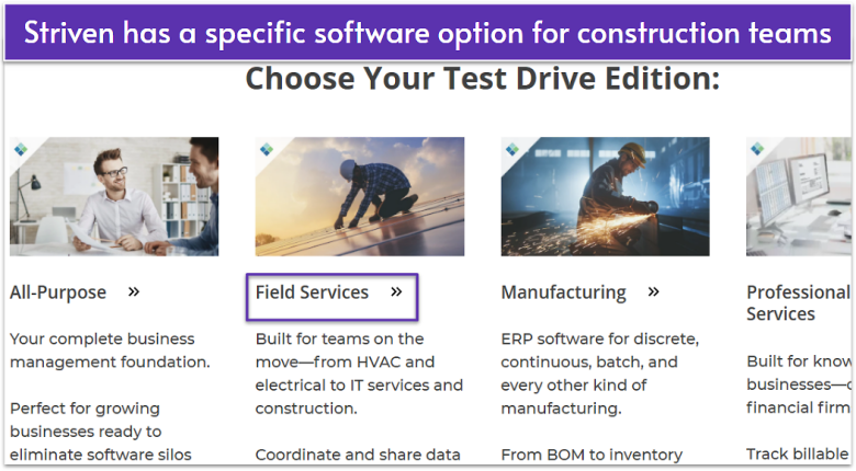 Striven free trial showing industry-specific software editions.