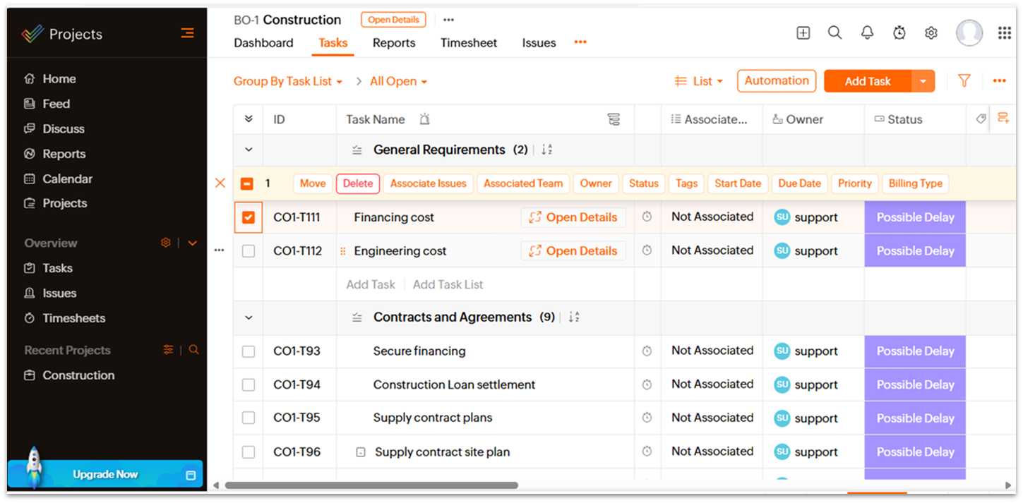 Zoho Projects project dashboard