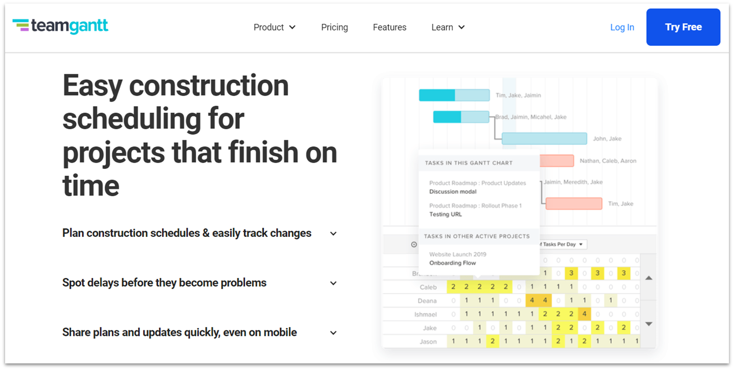 TeamGantt construction project management features