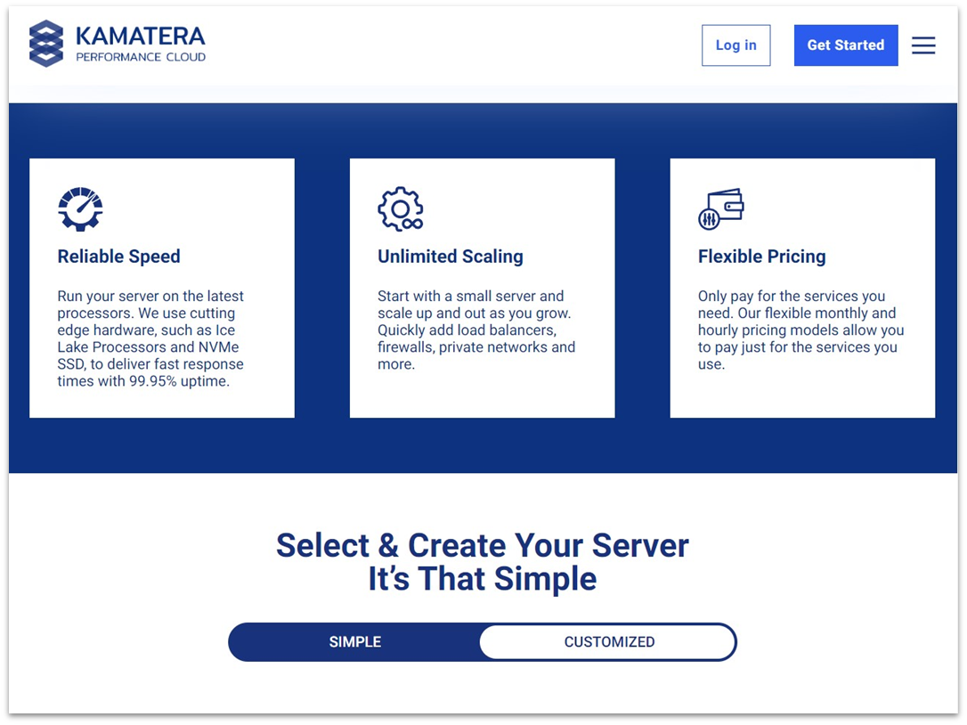 Kamatera hosting plan pricing and features page