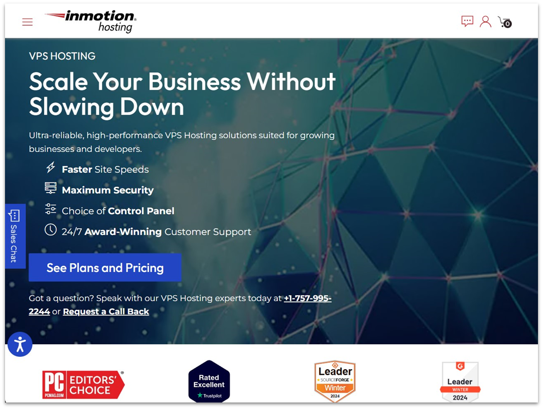 InMotion Hosting VPS hosting plans landing page