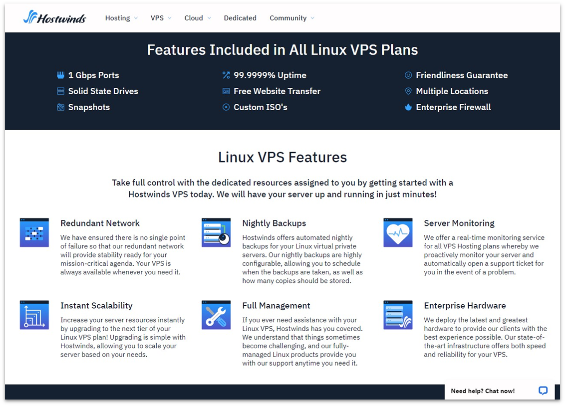 HostWinds VPS features list