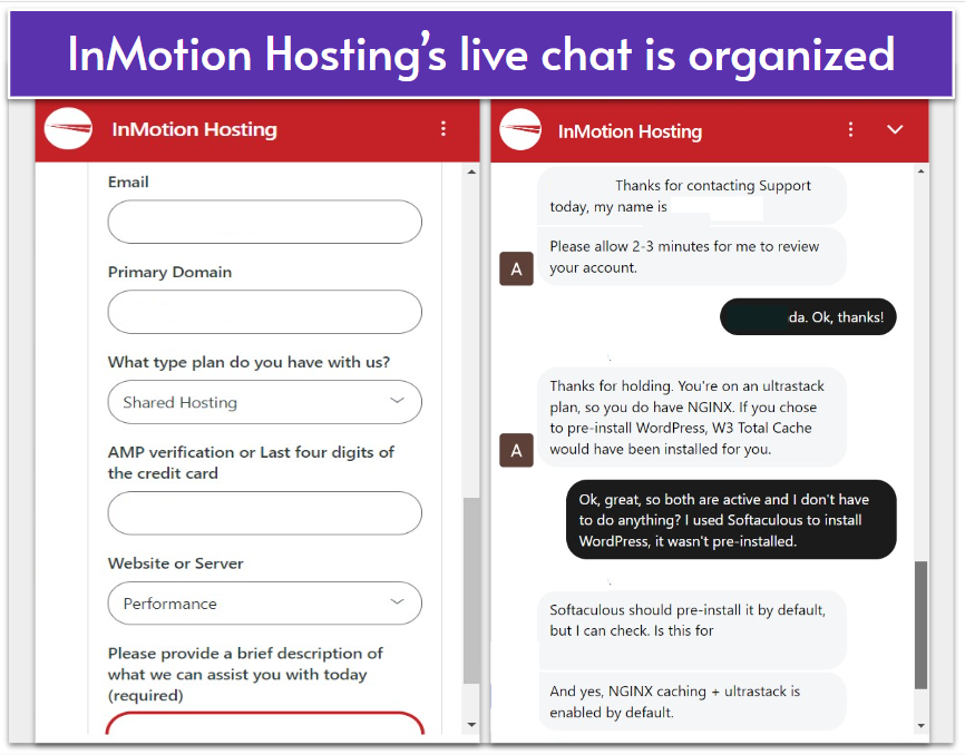 InMotion Hosting live chat window