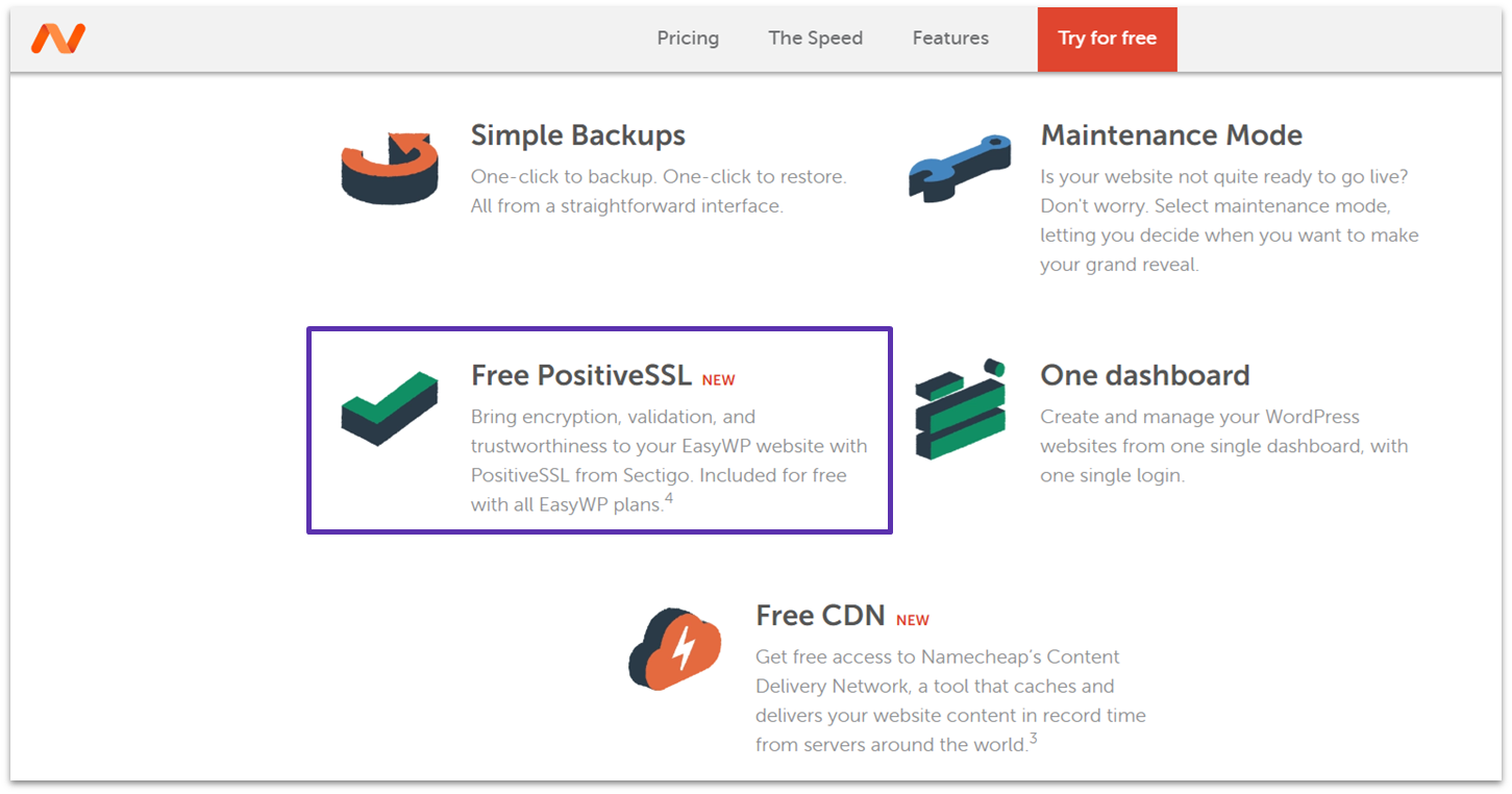 Namecheap EasyWP hosting plan features, including a free paid PositiveSSL certificate from Sectigo.