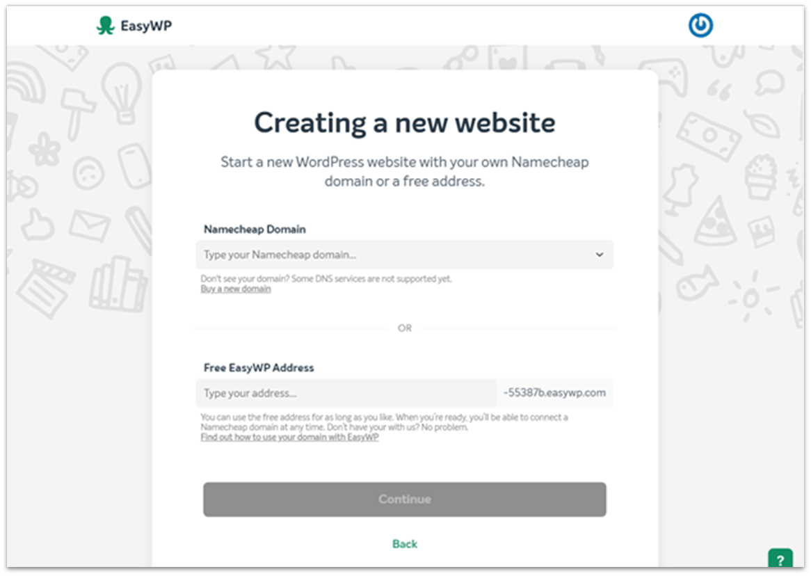 EasyWP creating a new website