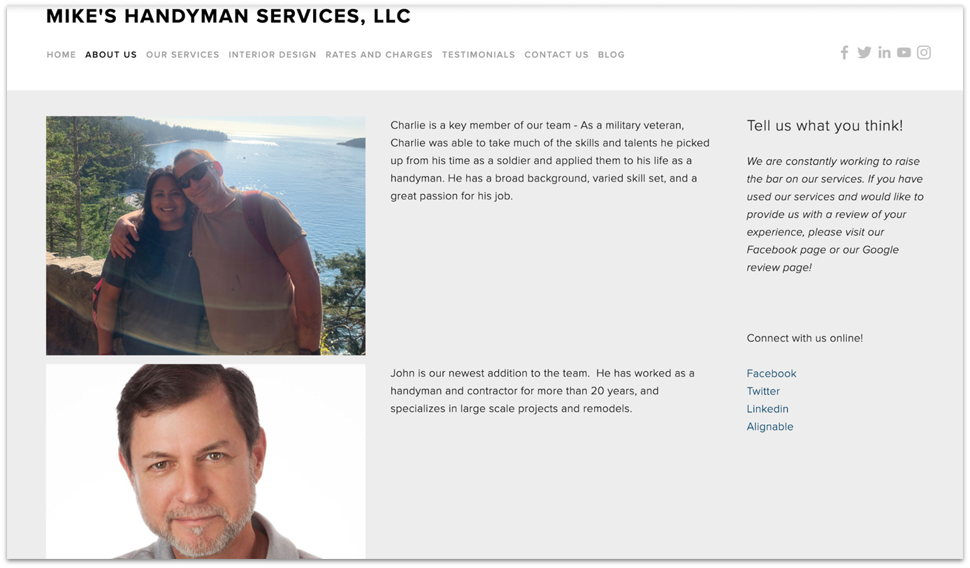 Mike's Handyman Services' About Us made with Squarespace