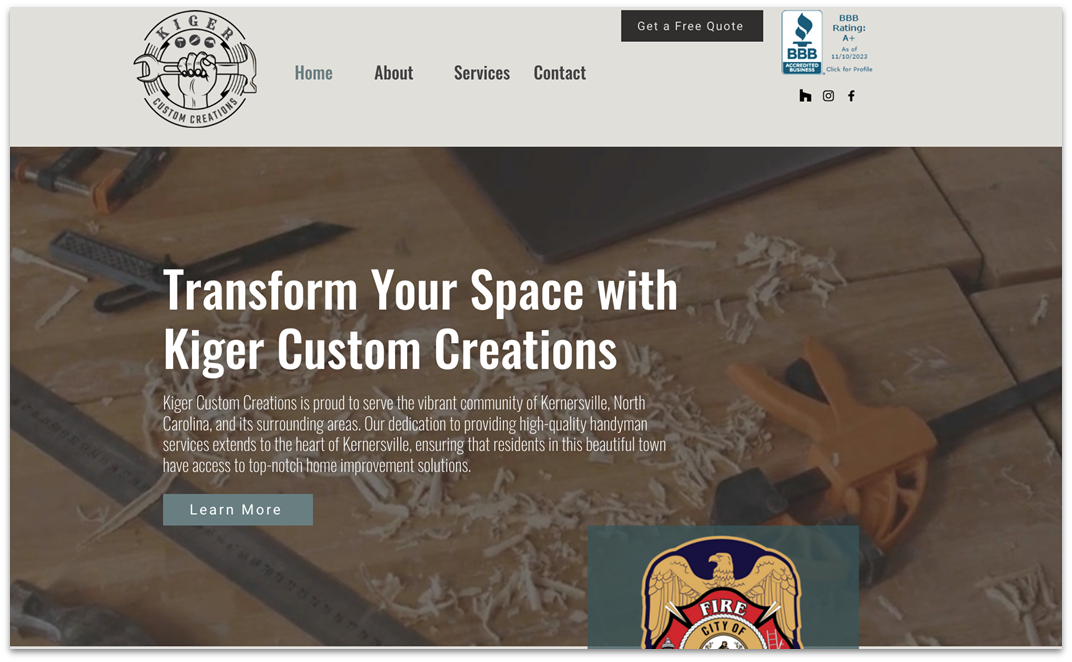 Kiger Custom Creations homepage made with Wix